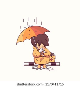 Boy and Dog in the Rain Character Vector Illustration