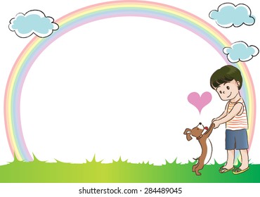 boy and dog with rainbow in the background
