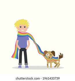 boy with dog and rainbow scarf in gay colors LGBT flag love is love