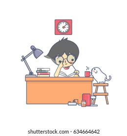 Boy and the Dog Reading Book Character Vector Illustration