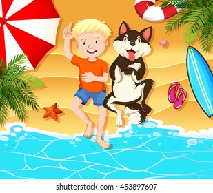 Boy and dog resting on the beach illustration