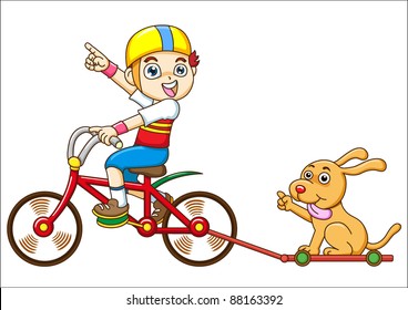 boy and dog Riding a bicycle