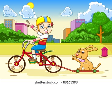 boy and dog Riding a bicycle