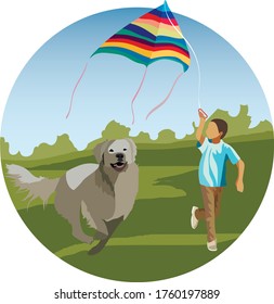 boy with a dog run for a kite vector illustration