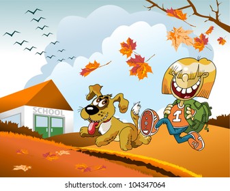 boy and a dog run on the way to school. The vector-illustration;