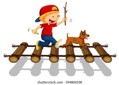 Boy and dog running on the bridge illustration
