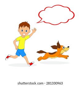 boy and a dog running.illustration, vector