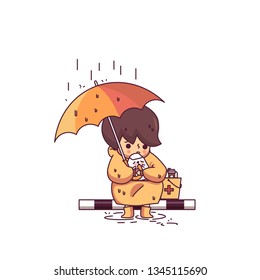 Boy and the Dog Sad in the Rain Cute Character Design Flat Line Style Vector Illustration