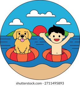 Um menino e um cachorro estão no mar