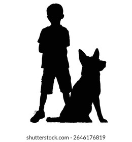 Silhueta de Menino e Cachorro - Amizade Leal, Companheiro de Infância, Pet Bond	