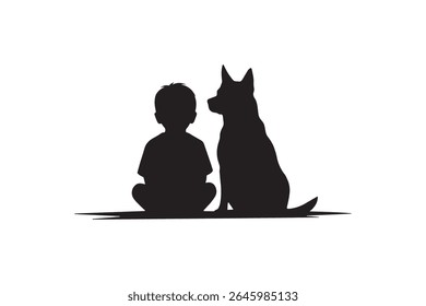 Boy and Dog Silhouette Sitting Together Friendship of Kid and Dog Vector Art
