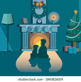 boy and dog sitting front fireplace at home in christmas night concept in cartoon illustration vector 