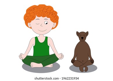 Boy and dog sitting in lotus position, boy doing yoga with his dog