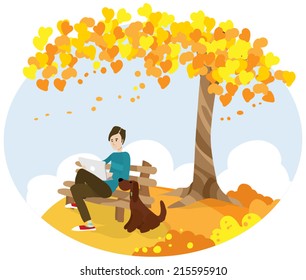 boy with dog sitting on bench and using computer