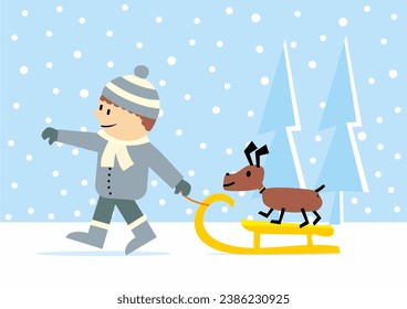 Boy with dog and sledge, vector illustration, blue background with snowflakes