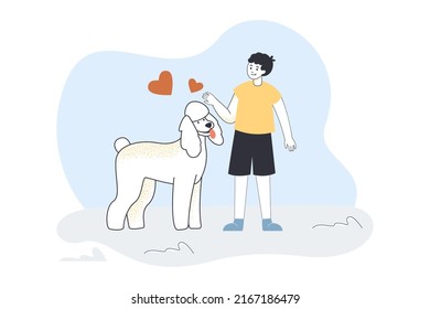 Boy and dog standing together with hearts above heads. Child adopting adorable poodle flat vector illustration. Love for domestic animals concept for banner, website design or landing web page