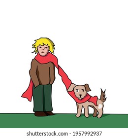 boy with dog tied with scarf blonde hair dog breeding pets training