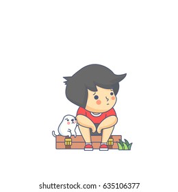 Boy and the Dog Waiting Character Vector Illustration