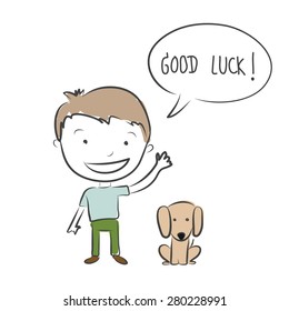 boy and dog waiting and say good luck for goodbye hand drawn vector