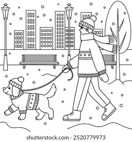 O menino e o cachorro estão caminhando por uma página colorida coberta de neve. Ilustração de Natal e inverno