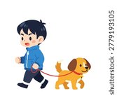 A boy and a dog are walking. The boy is walking while holding a red leash. The dog is walking beside him.