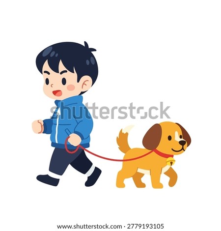 A boy and a dog are walking. The boy is walking while holding a red leash. The dog is walking beside him.