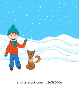 Boy and dog winter. Christmas illustration with snowing, funny child and home pet. 