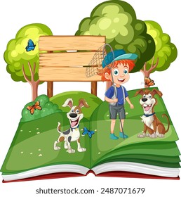 Un niño y perros en un libro abierto