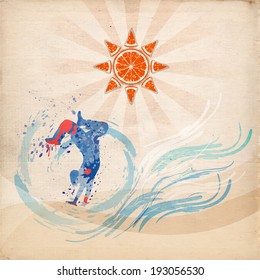 boy doing acrobatic coup, splashing sea under orange, replacing the sun, vector illustration