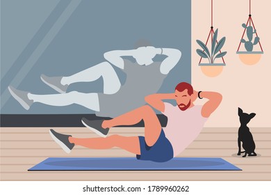Boy doing bycycle crunch indoor in front of mirror. Boy doing workout exercise from home. Boy doing sport from home. Healthy lifestyle. Flat cartoon vector illustration.