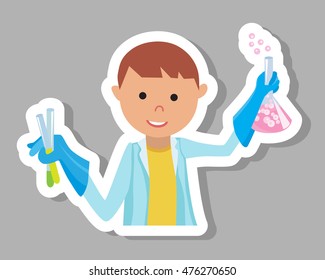 Boy doing chemical experiment. Young scientist. Kid holding test flask in hands.