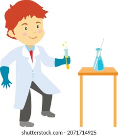 The boy is doing a chemistry experiment. Vector illustration
