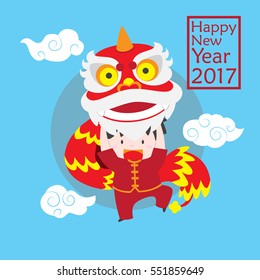 Boy doing chinese lion dance with happy new year text cute vector illustration can be used for chinese new year greeting card or post card