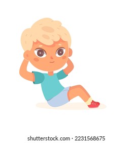 Boy doing crunches sport exercises in gym vector illustration. Cartoon isolated active child training abdominal muscles of belly, cute kid athlete lying on floor and stretching healthy body.