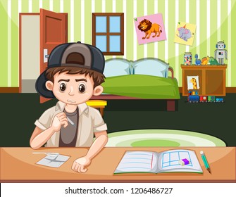 Boy doing drugs in bedroom illustration