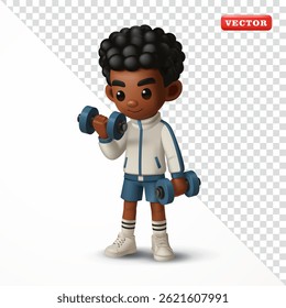 Boy doing dumbbell exercise, 3d vector. Suitable for education and sports