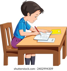 A boy doing his homework while sitting on the table vector illustration