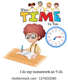 A boy doing homework at 7:15 illustration