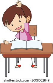 A boy doing homework doodle cartoon character illustration