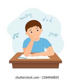 Boy Doing Homework  And Feel Confused. Child At His Desk Solving A Math Problem. Vector Illustration