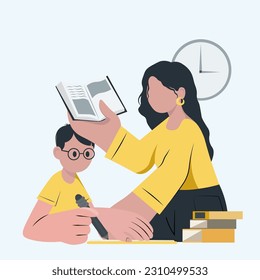niño haciendo deberes con su madre, madre con libros, niño con gafas, niño con lápiz, deberes, estudios.