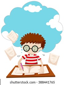 Boy doing homework on the desk illustration