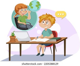 Un niño haciendo deberes en la ilustración de una laptop