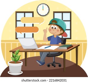 Un niño haciendo deberes en la ilustración de una laptop