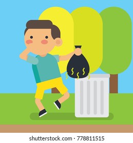 Boy doing house chores. A boy throwing garbage to a trash can and closing his nose