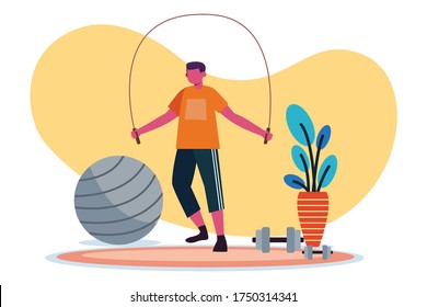 Boy Doing Jump Rope, Excercising From Home, Sport template Flat Illustration