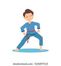 Boy Doing Meditative Tai Chi Exercise In Blue Kimono On Karate Martial Art Sports Training Cute Smiling Cartoon Character