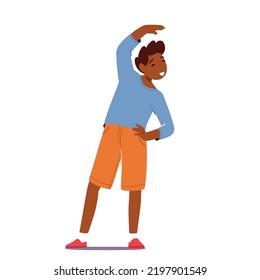 Boy Doing Morning Exercises Isolated on White Background. Wellness, Sport and Health Concept. Preschooler Workout, Training, Kid Healthy Sports Habits, Body Training. Cartoon Vector Illustration