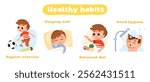 Boy doing morning routine. Children healthy lifestyle. Kid accomplishes daily  routine, tasks: wakes up, having breakfast,  playing outdoors, going to bed, sleeping, wake up, take shower. 