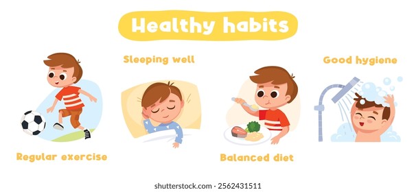 Boy doing morning routine. Children healthy lifestyle. Kid accomplishes daily  routine, tasks: wakes up, having breakfast,  playing outdoors, going to bed, sleeping, wake up, take shower. 